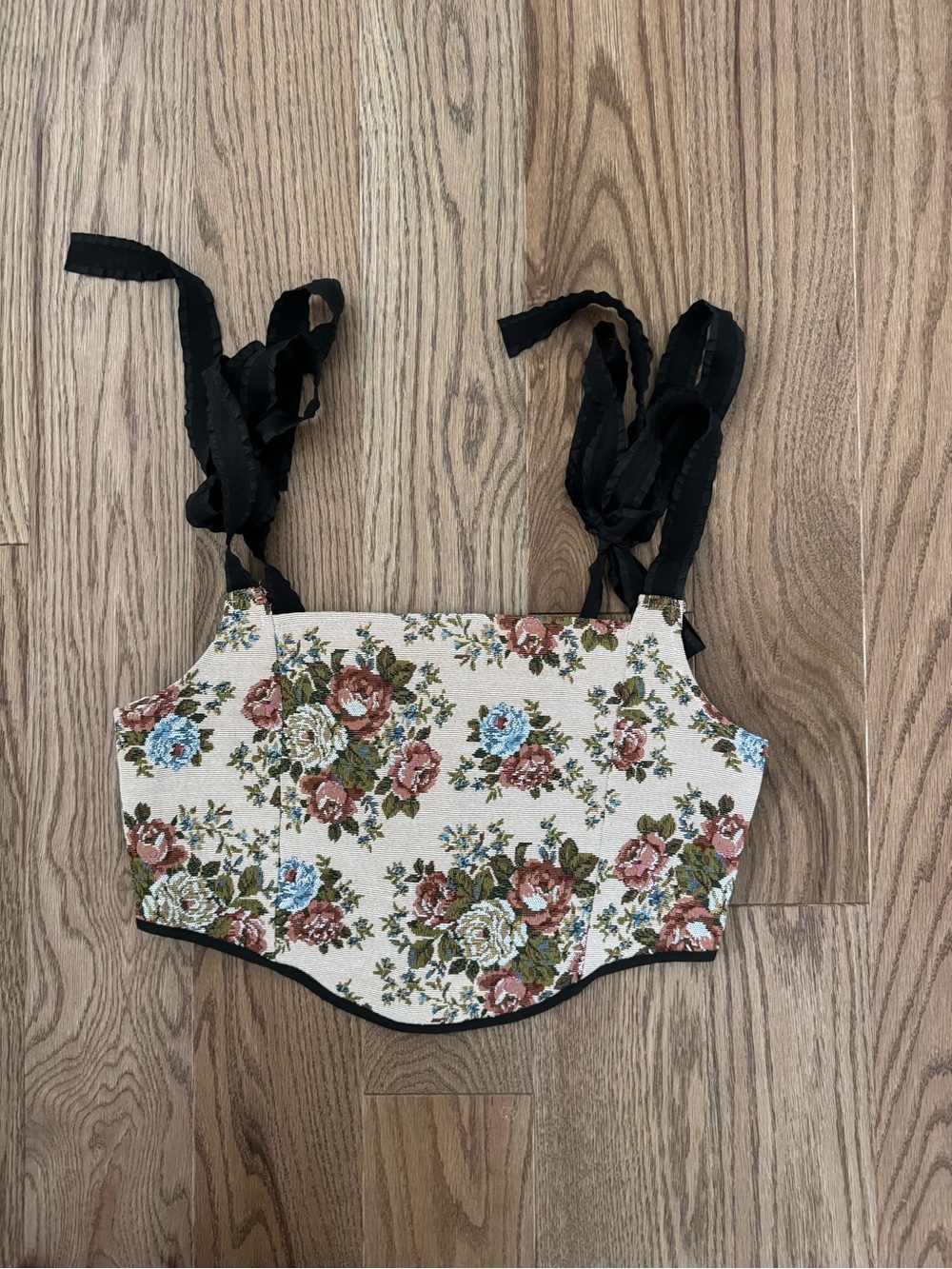 Vintage Floral Corset-Style Top with Black Tie Straps